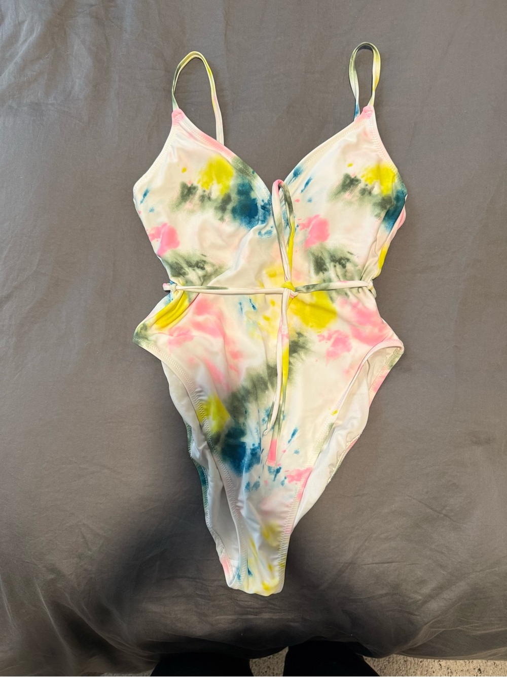 Old Navy White Tie-Dye One-Piece Swimsuit with Pink, Yellow & Blue